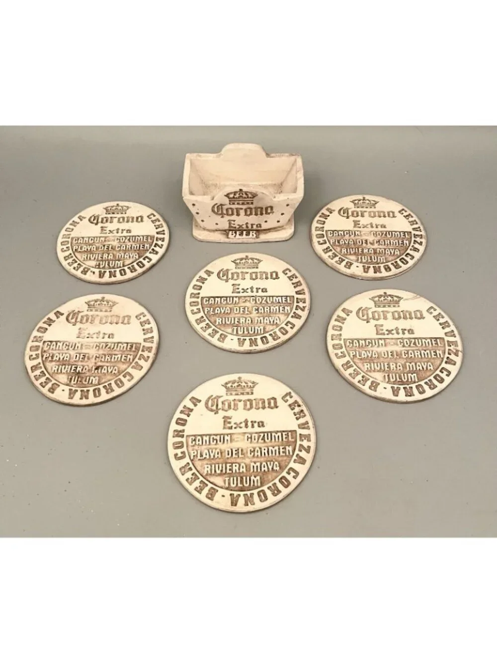 Corona Extra Beer Stoneware Coasters w/ Holder Rustic Barware Ceramic Mexico
